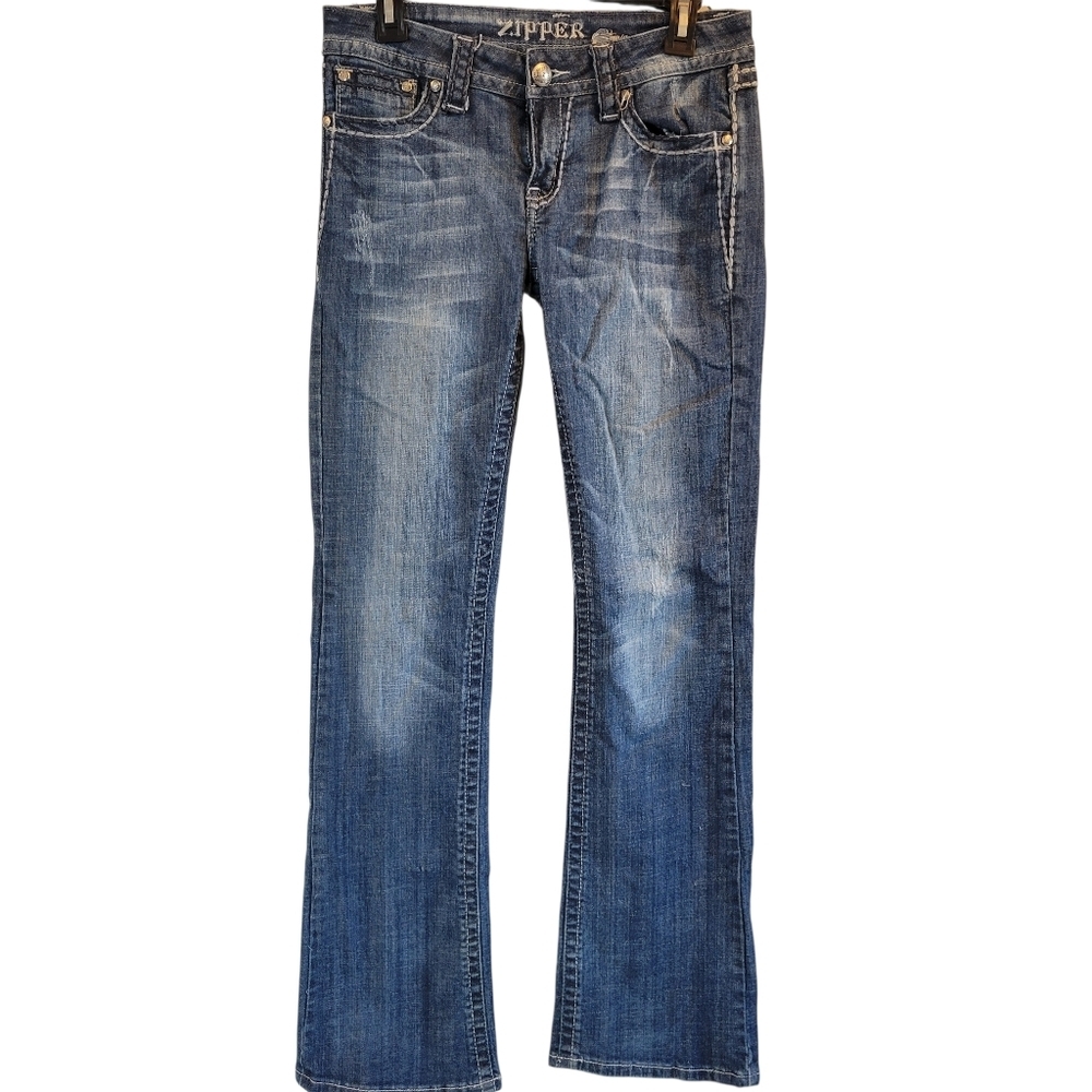 Y2K Zipper Embellished Boot Cut Low Rise Distressed Denim Jeans Pants